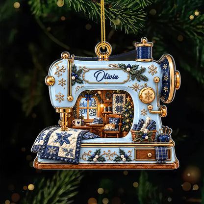 Vintage Quilt Sewing Machine Personalized Acrylic Ornament - Christmas Decor Gift for Sewers