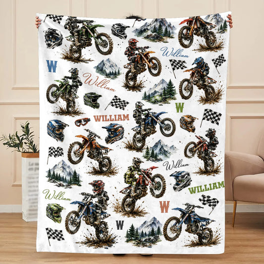 Personalized dirt bike blanket with custom boy name and motocross artwork for bedroom decor image 6