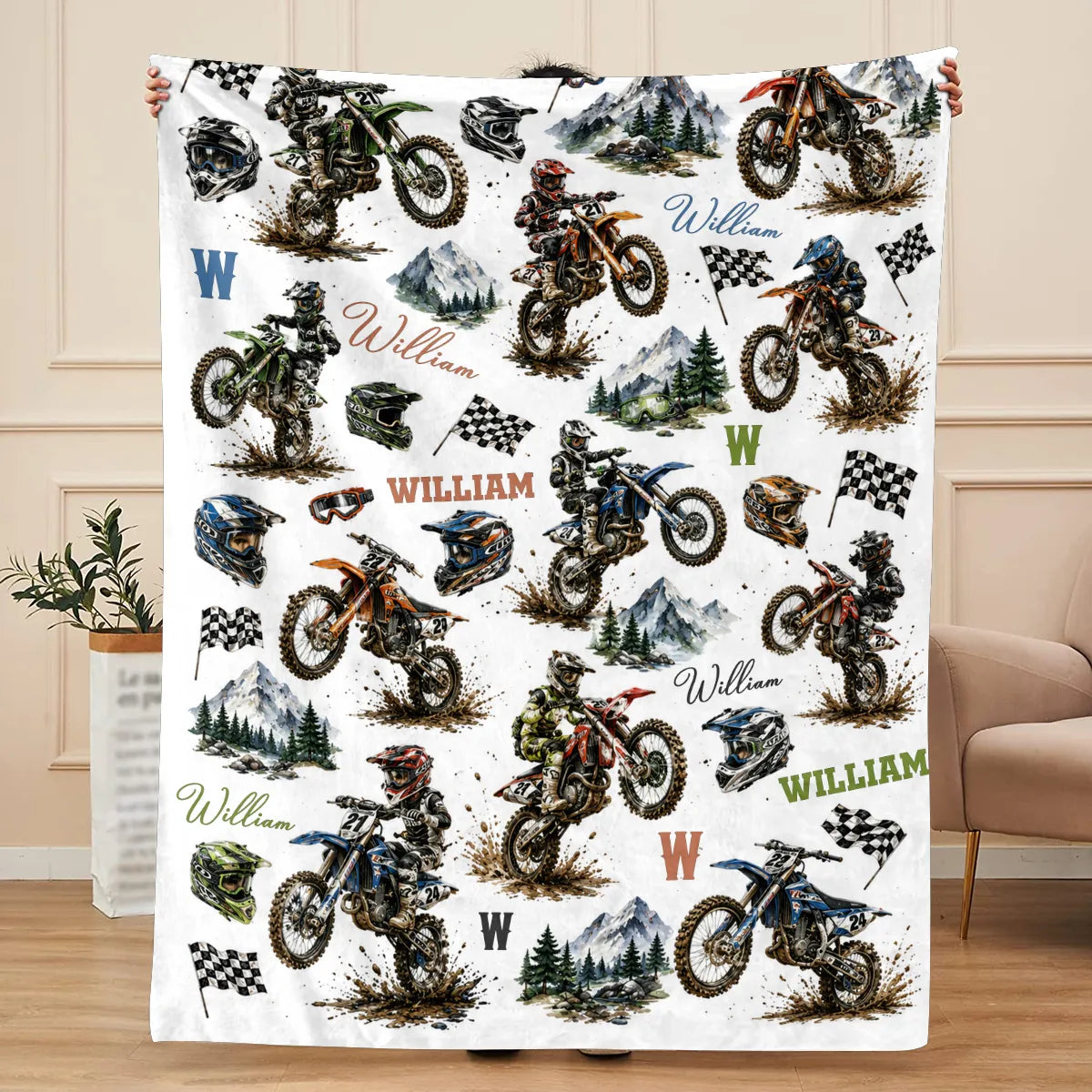 Personalized dirt bike blanket with custom boy name and motocross artwork for bedroom decor image 6