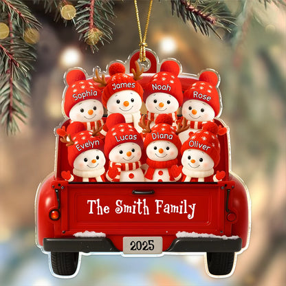 Personalized Snowman Family Red Truck Ornament - Custom Christmas Acrylic Keepsake for Family