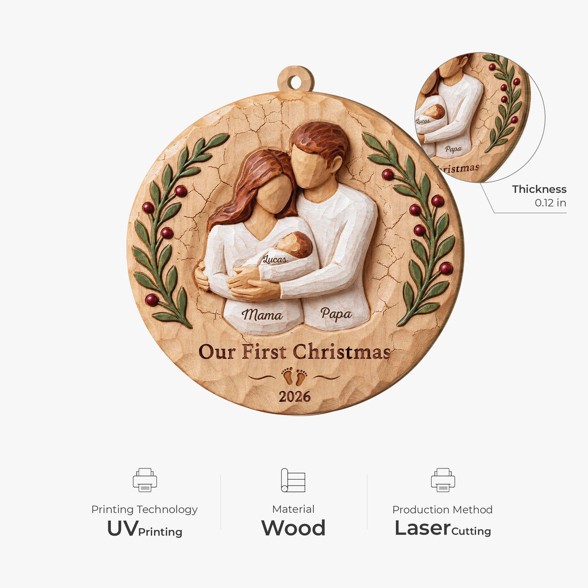 Our First Christmas Personalized Wooden Ornament - Custom Newborn Family Holiday Keepsake Gift for New Parents