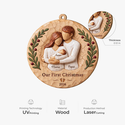 Our First Christmas Personalized Wooden Ornament - Custom Newborn Family Holiday Keepsake Gift for New Parents