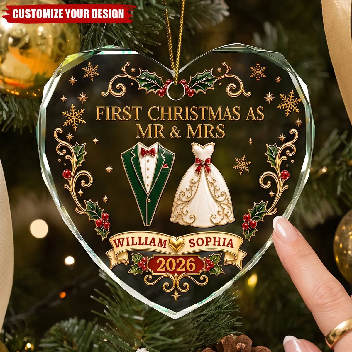 "First Christmas As Mr & Mrs" Personalized Glass Ornament - Keepsake for Newlywed Couples