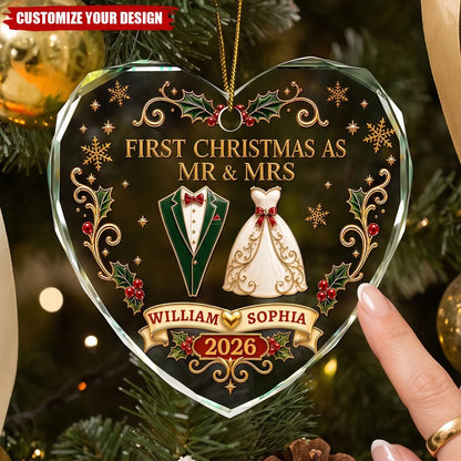 "First Christmas As Mr & Mrs" Personalized Glass Ornament - Keepsake for Newlywed Couples