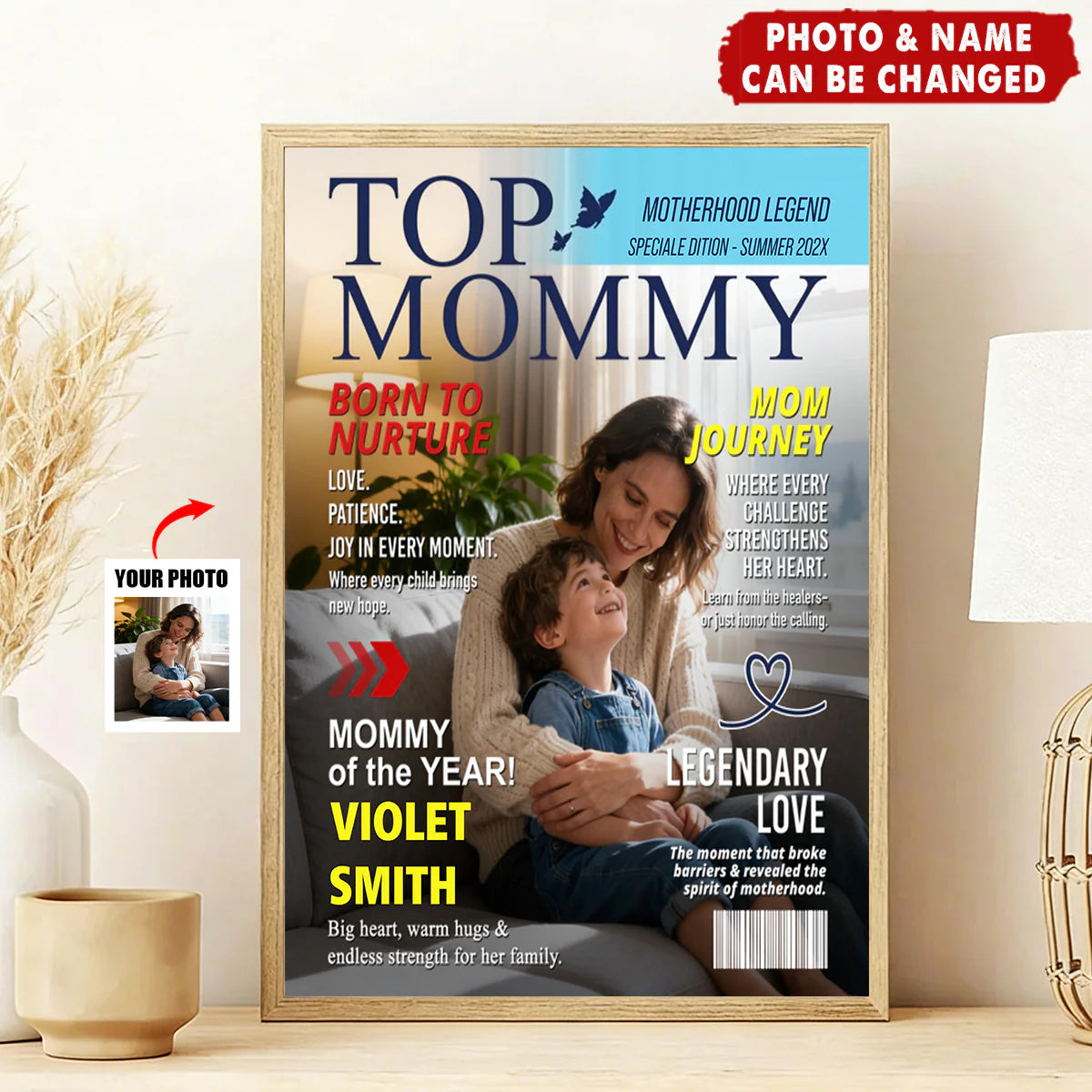 "TOP MOMMY" personalized mom magazine cover canvas print wall art with custom mother and child photo gift