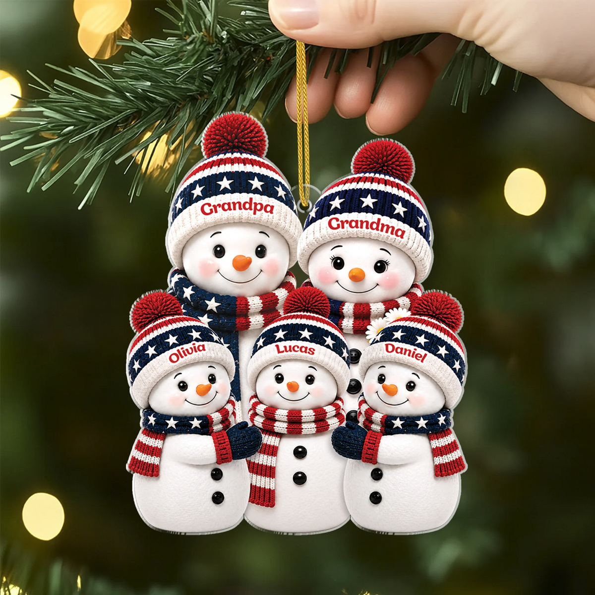 Patriotic Snowman Family Personalized Acrylic Ornament - Custom Christmas Keepsake