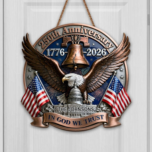 Personalized patriotic wood sign with USA 250th Anniversary eagle and custom family name print