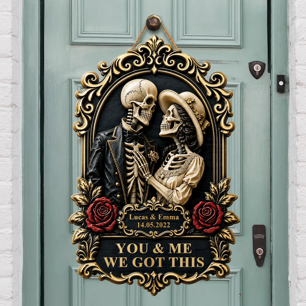 "Till Death Do Us Part" Personalized Couple Wood Sign - Custom Skeleton Halloween Decor Gift