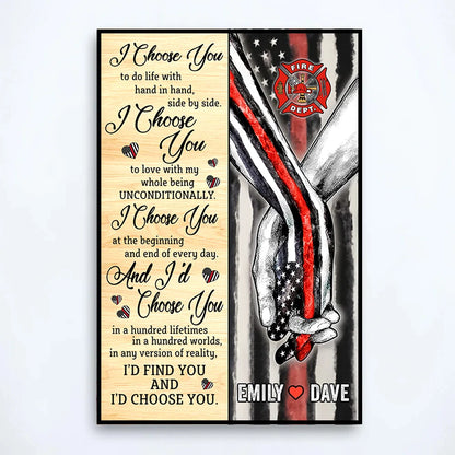 I Choose You Personalized Firefighter Canvas / Poster - Custom Couples Anniversary Wall Art Gift