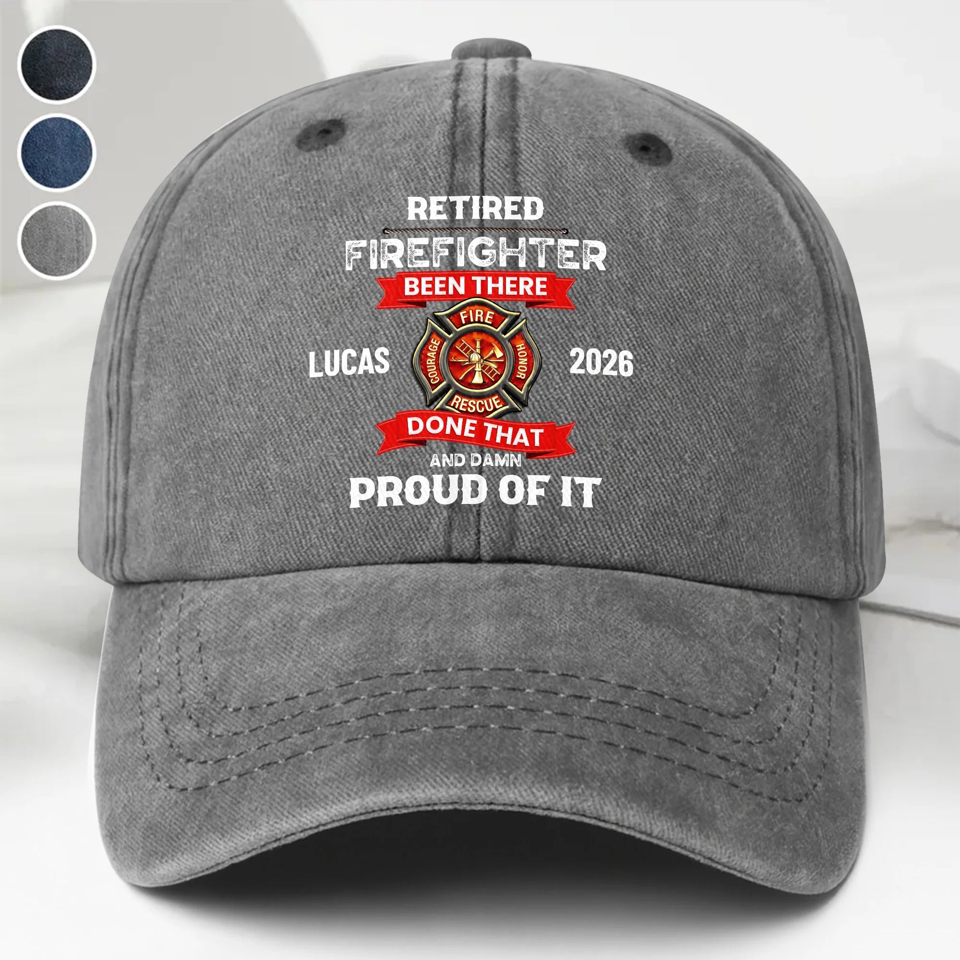 Custom Retired Firefighter Denim Hat for Dad with personalized design details for meaningful gifting