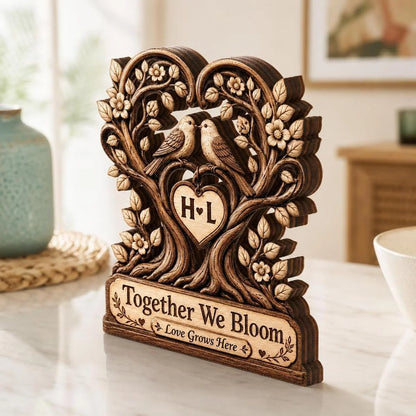 "Together We Bloom Love Grows Here" Personalized Wooden Block - Custom Couple Initials Gift