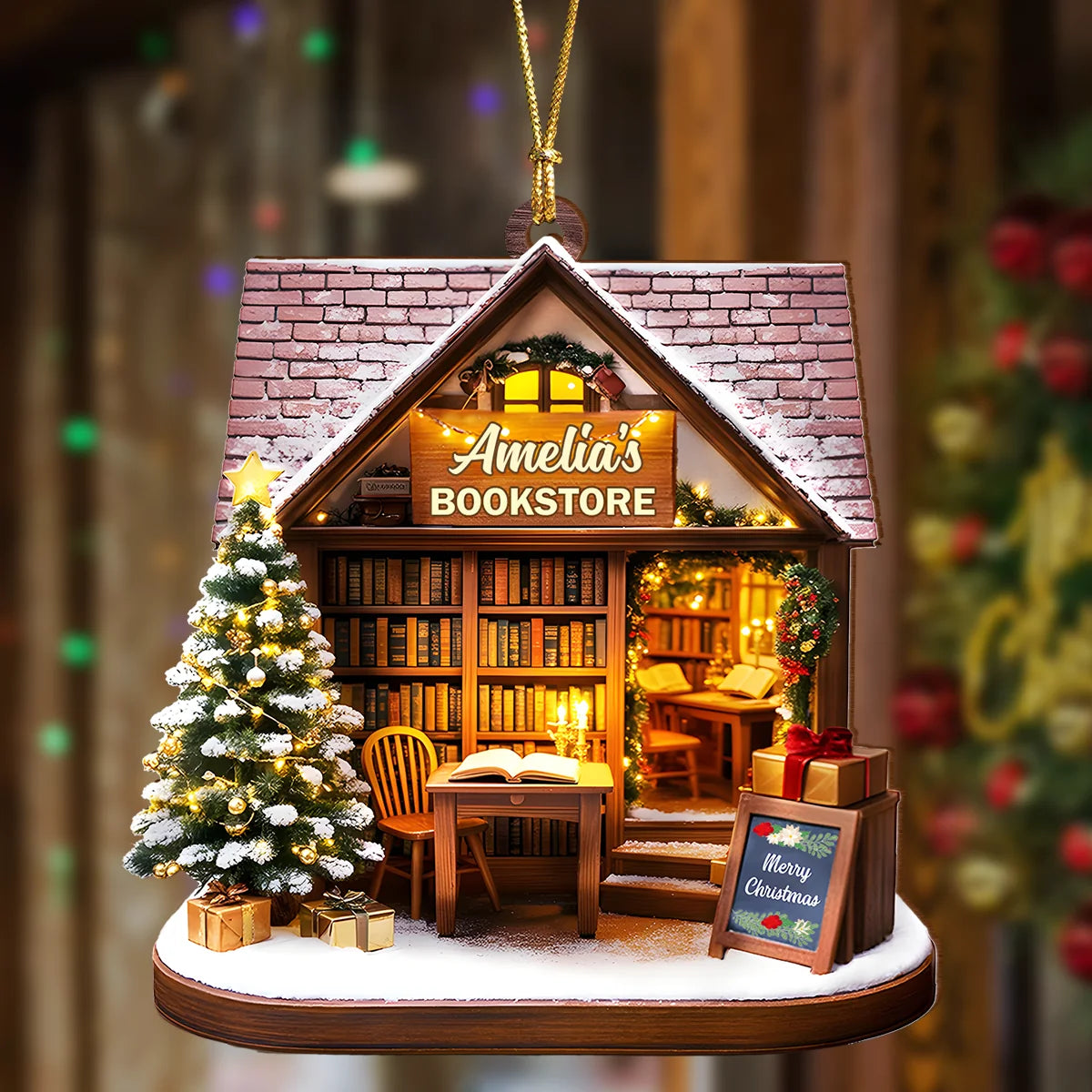 Personalized Book Lover Christmas Ornament - Custom Cozy Bookstore Wood Keepsake Gift
