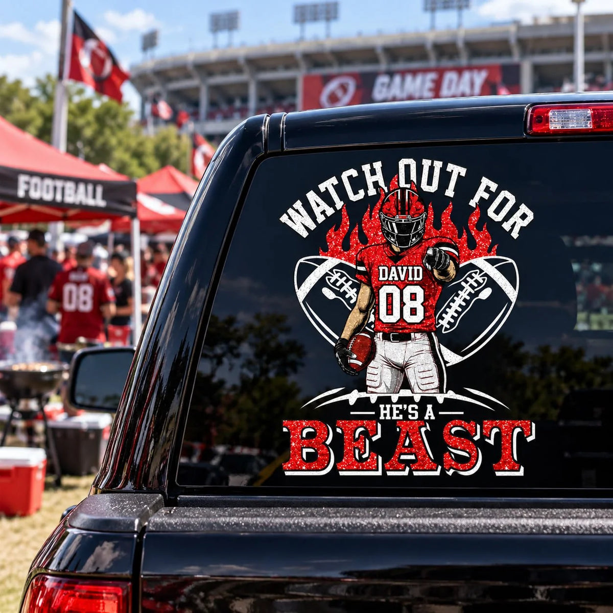 Personalized Watch Out For He's A Beast Car Decal, Custom Football Player Sticker, Gift for Sports Moms and Dads T1807 VH01	