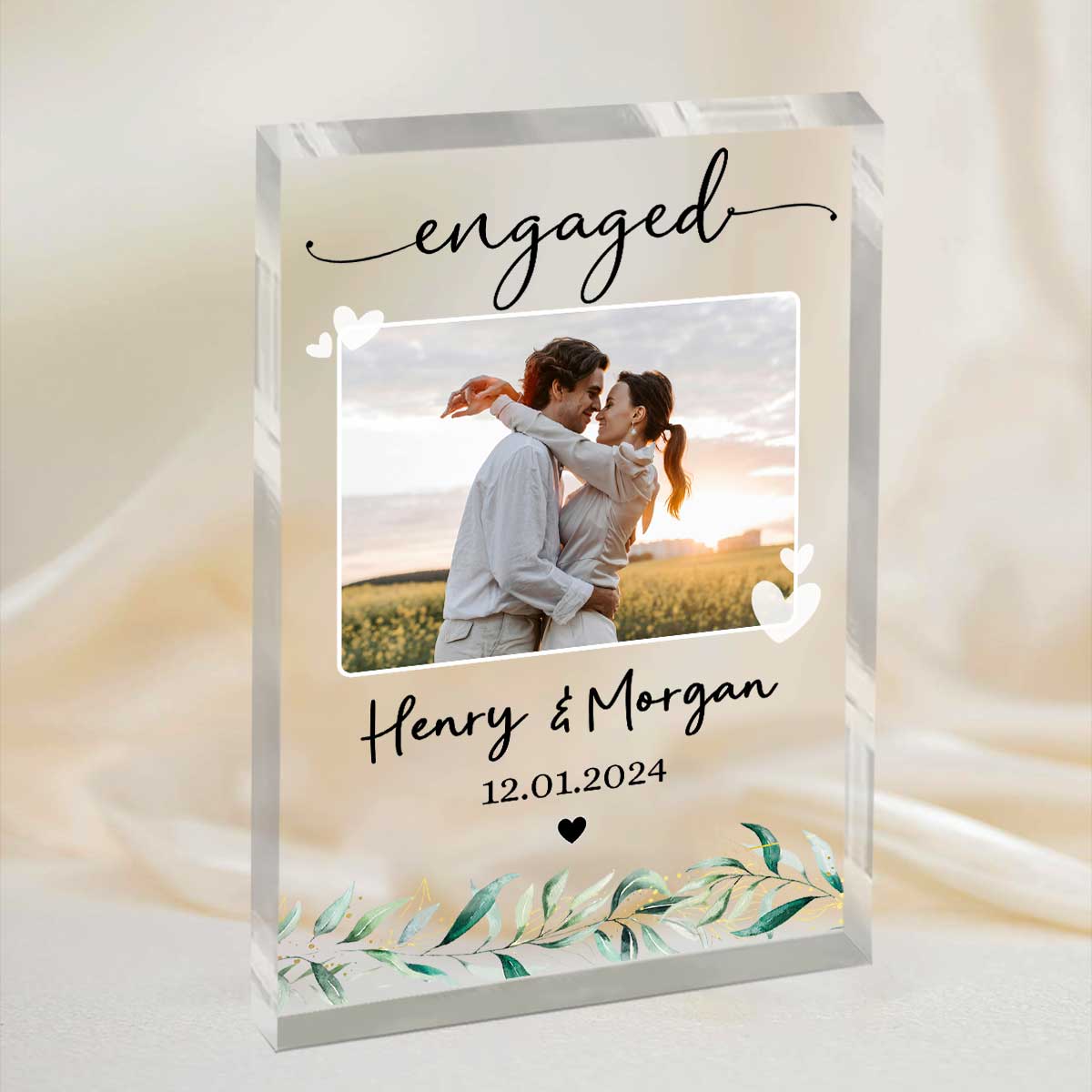 "Engaged" Personalized Photo Acrylic Block Plaque - Custom Couple Gift for Newly Engaged Keepsake