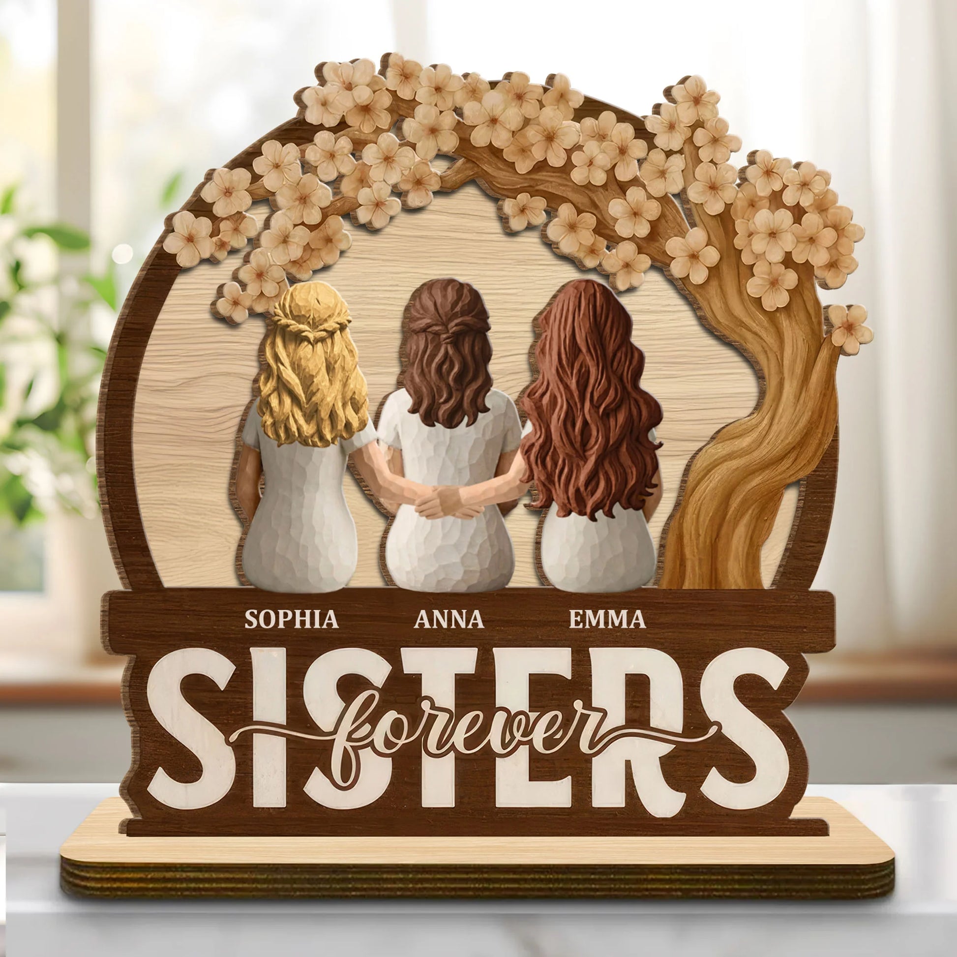 Personalized sister wood plaque featuring custom names and rustic floral tree design - thoughtful friendship desk gift image 6