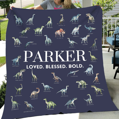 Personalized kids dinosaur blanket with watercolor dino illustrations and custom name text