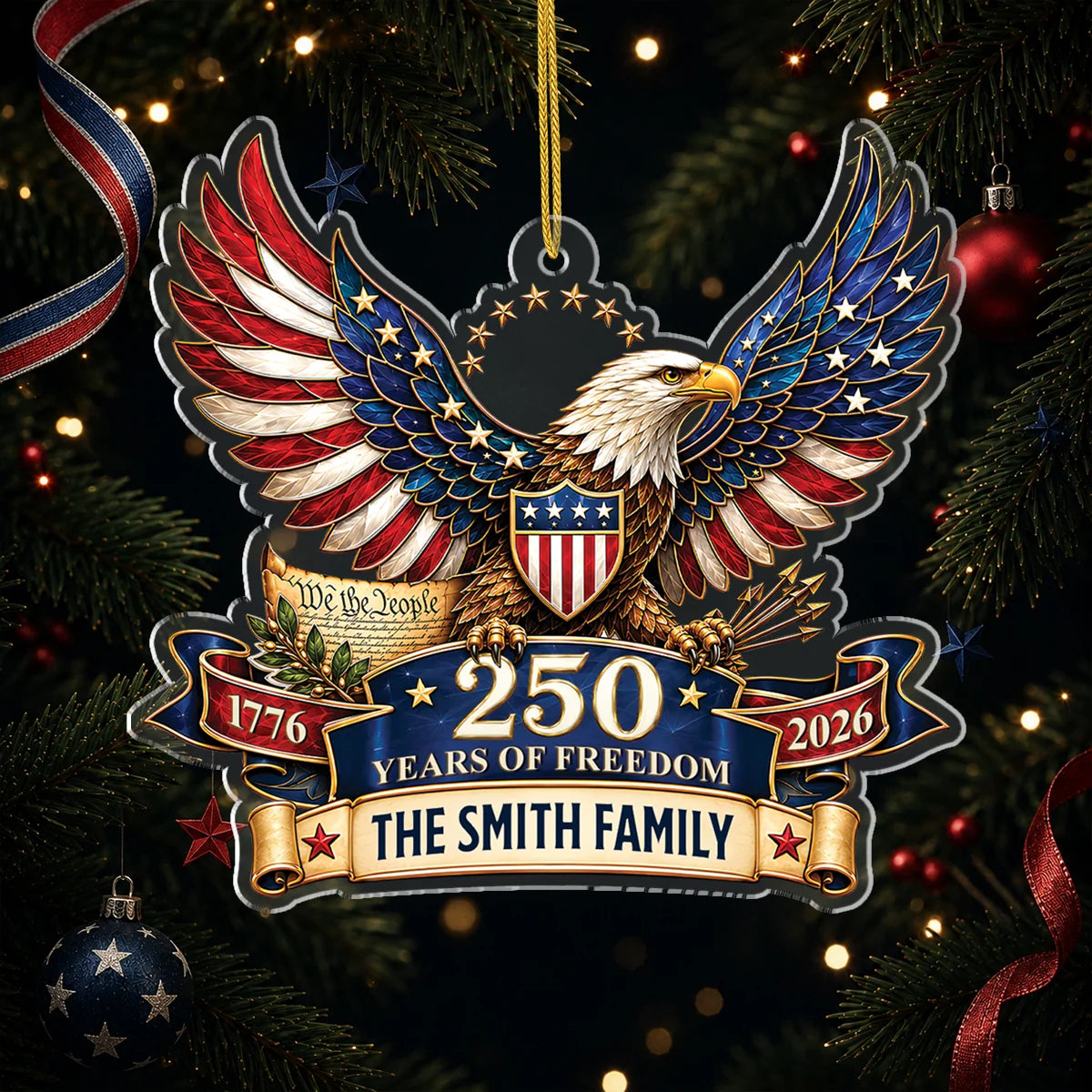 250 Years Of Freedom Eagle Acrylic Ornament - Custom Family Name Patriotic Keepsake Gift