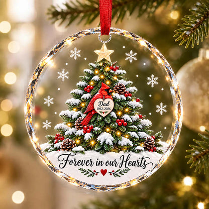 "Forever in Our Hearts" Cardinal Memorial Glass Ornament - Personalized Memorial Gift for Mom & Dad