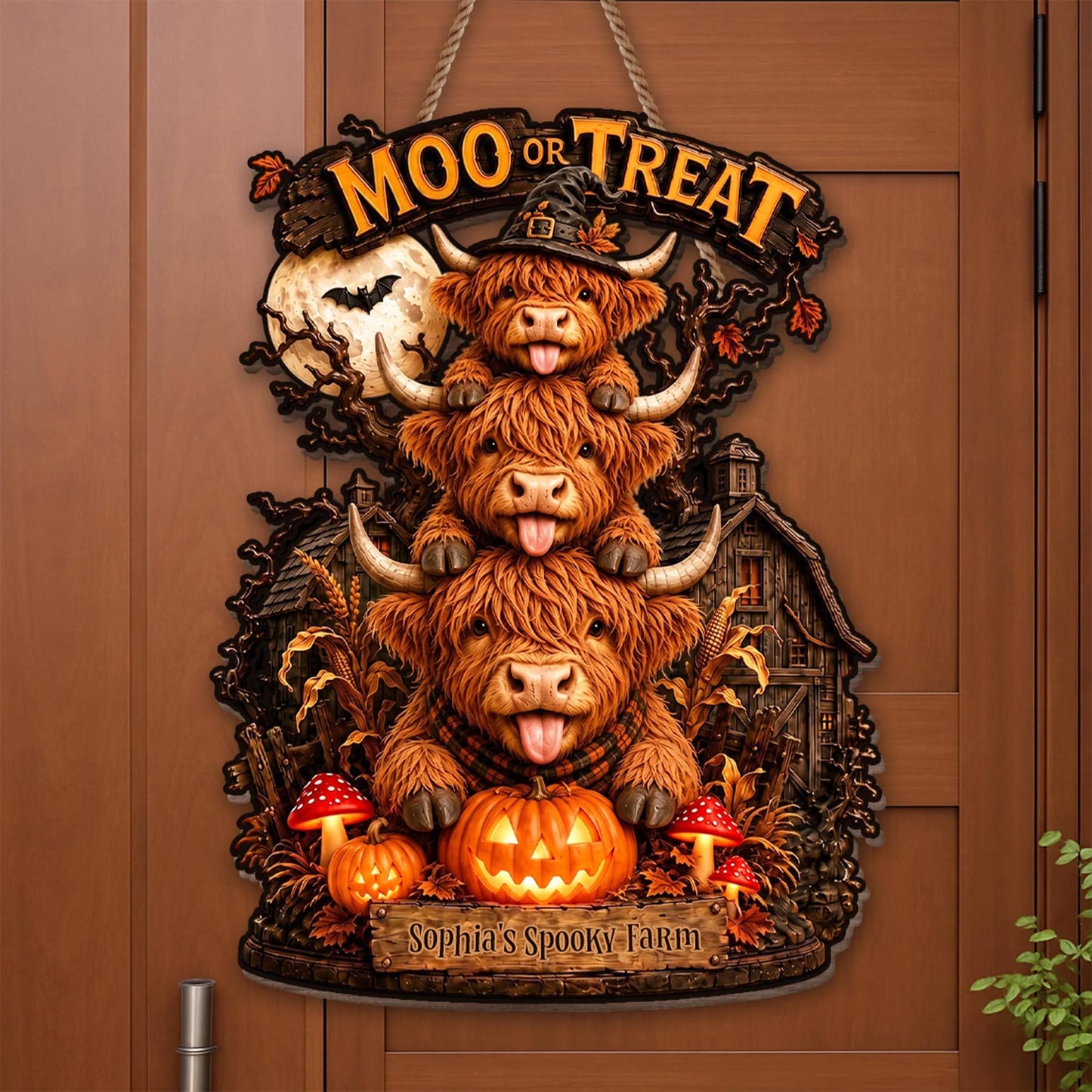 Moo Or Treat Personalized Highland Cow Wood Sign - Custom Halloween Farm Decor