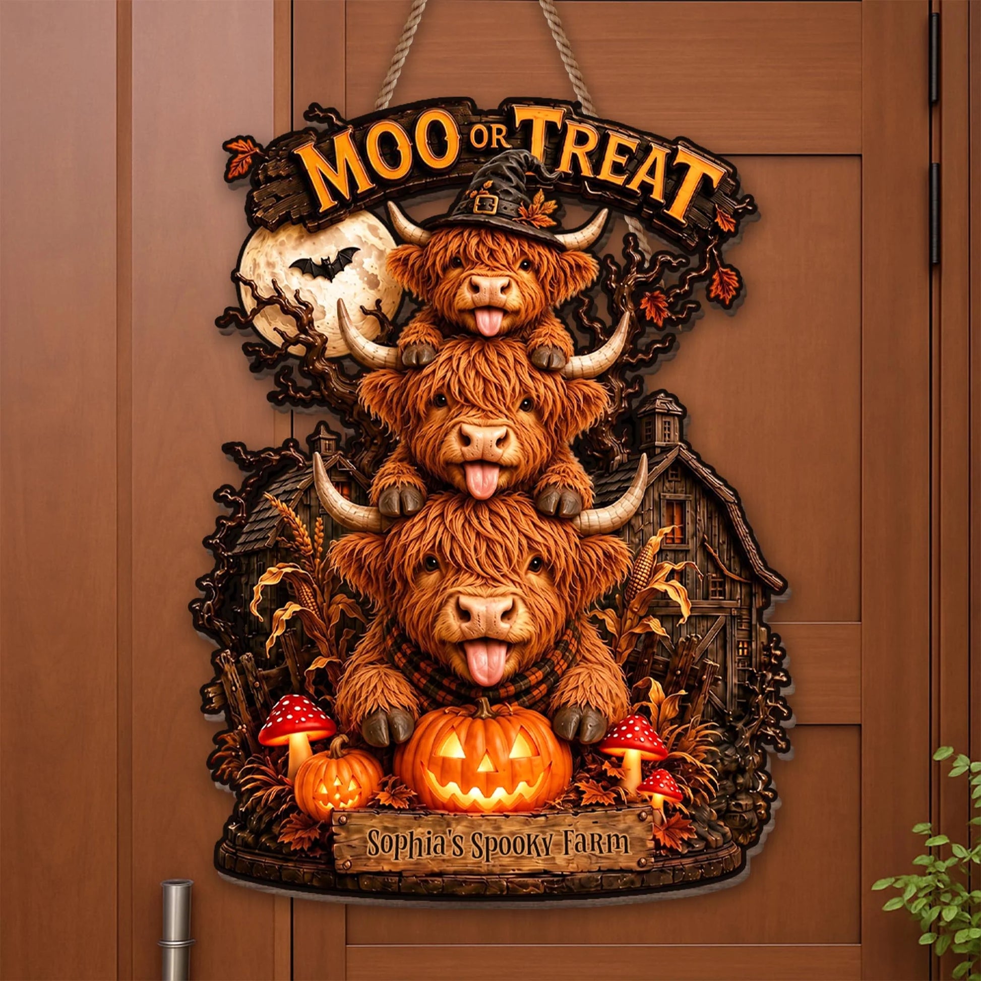Moo Or Treat Personalized Highland Cow Wood Sign - Custom Halloween Farm Decor