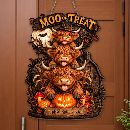 Moo Or Treat Personalized Highland Cow Wood Sign - Custom Halloween Farm Decor