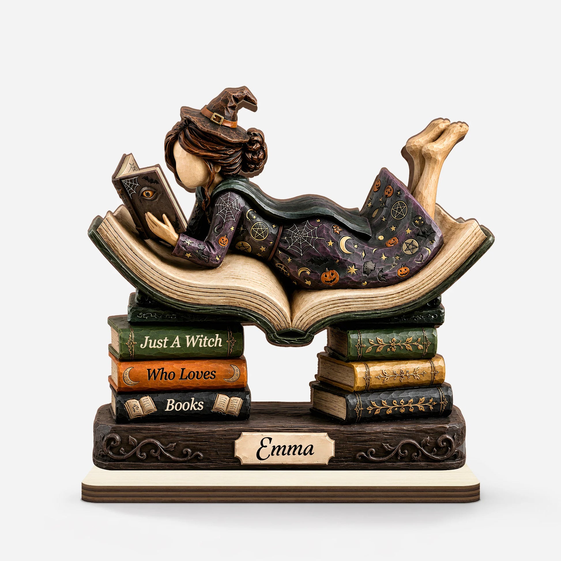 "Just A Witch Who Loves Books" Personalized Wooden Plaque - Custom Halloween Gift for Book Lovers