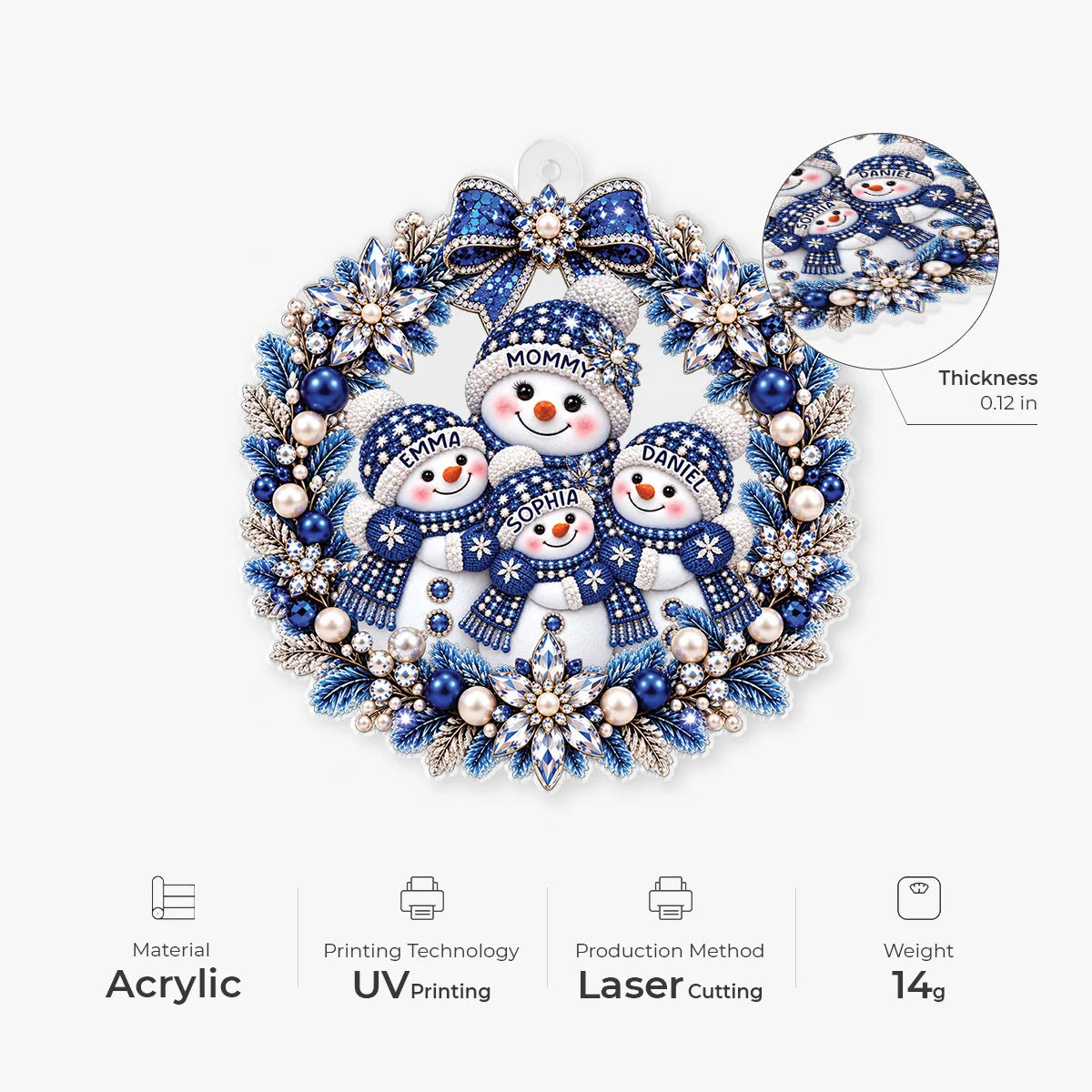Snowman Family Wreath Personalized Acrylic Ornament - Custom Christmas Keepsake Gift for Mom Grandma