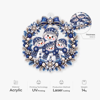 Snowman Family Wreath Personalized Acrylic Ornament - Custom Christmas Keepsake Gift for Mom Grandma