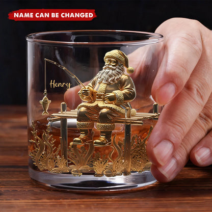 Santa's Fishing Time Personalized Whiskey Glass - Custom Christmas Gift for Fishing Lovers