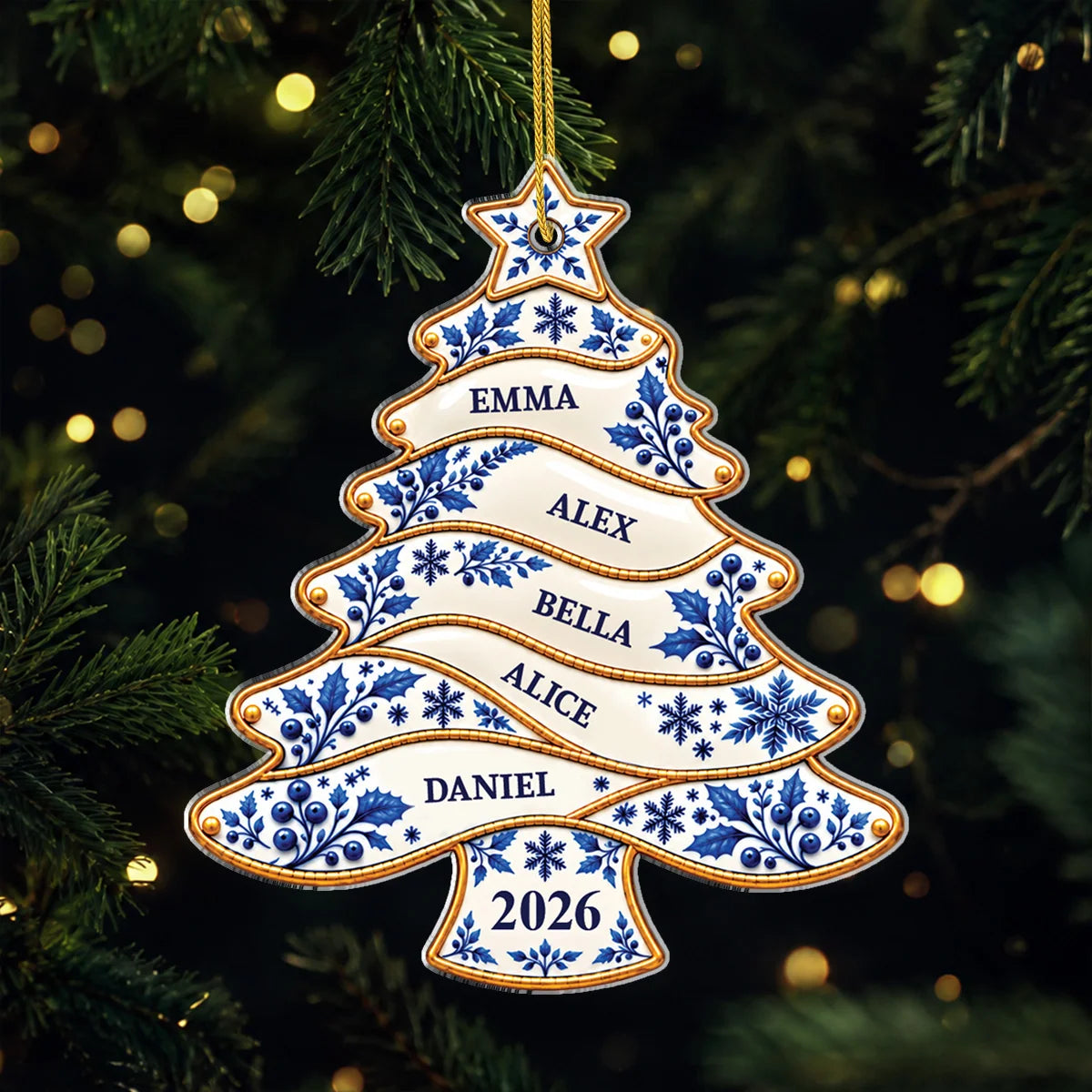 Personalized Family Names Toile De Jouy Christmas Ornament - Custom Acrylic Tree Decoration Keepsake