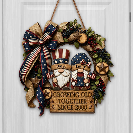 Custom patriotic gnomes wood sign featuring American flag wreath design personalized for couples door decor