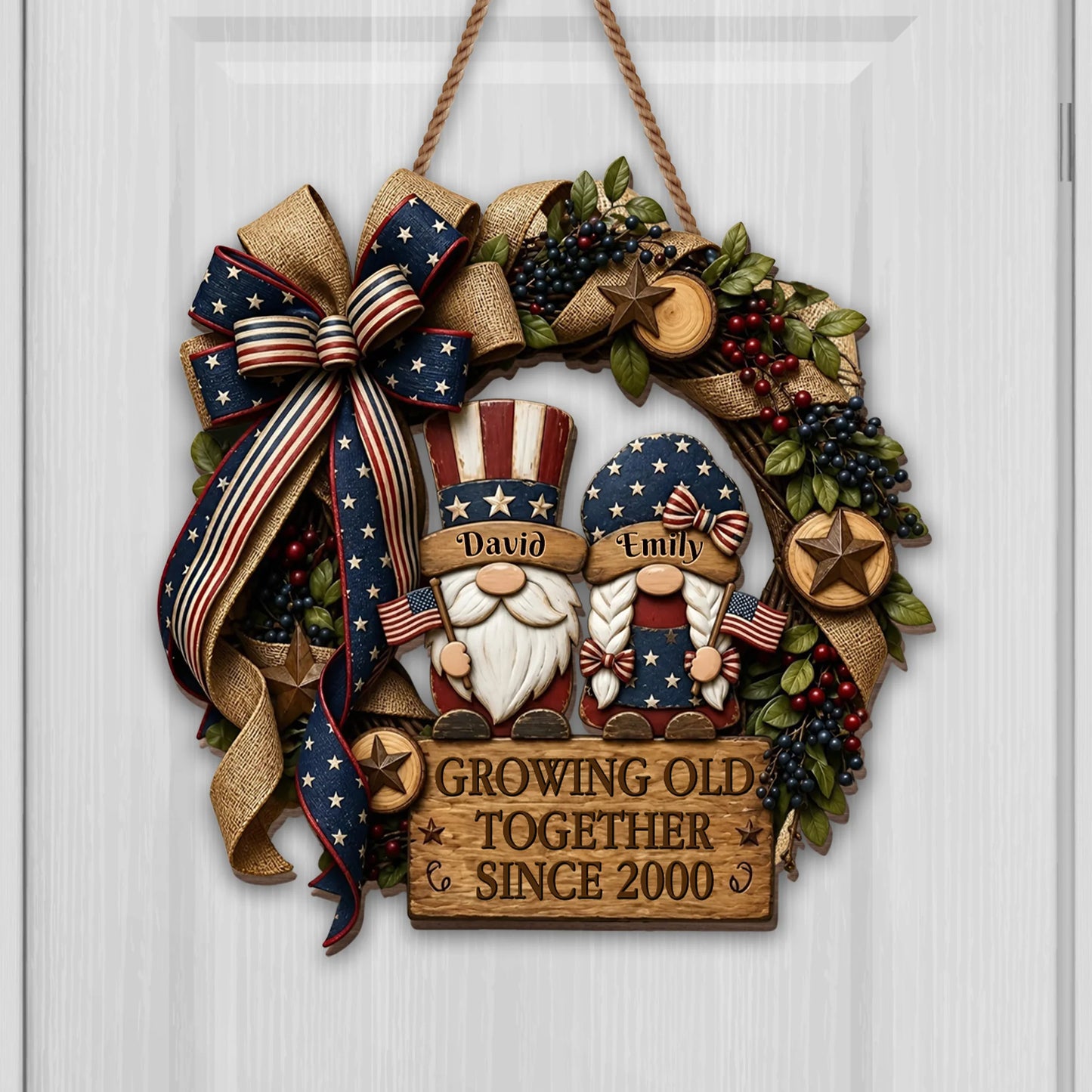 Custom patriotic gnomes wood sign featuring American flag wreath design personalized for couples door decor