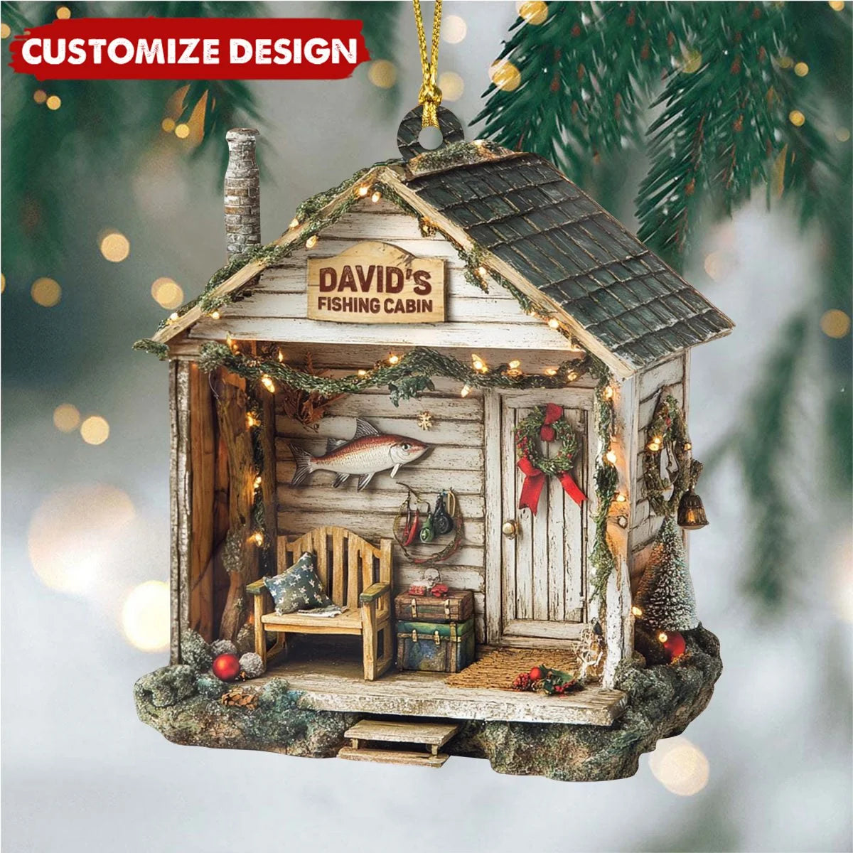 Custom Fishing Cabin Christmas Ornament - Personalized Fishing Lovers Acrylic Keepsake Gift