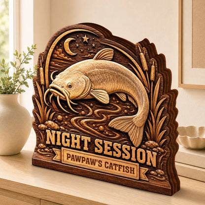 "Night Session" Personalized Catfish Fishing Wooden Block - Custom Gift for Fisherman