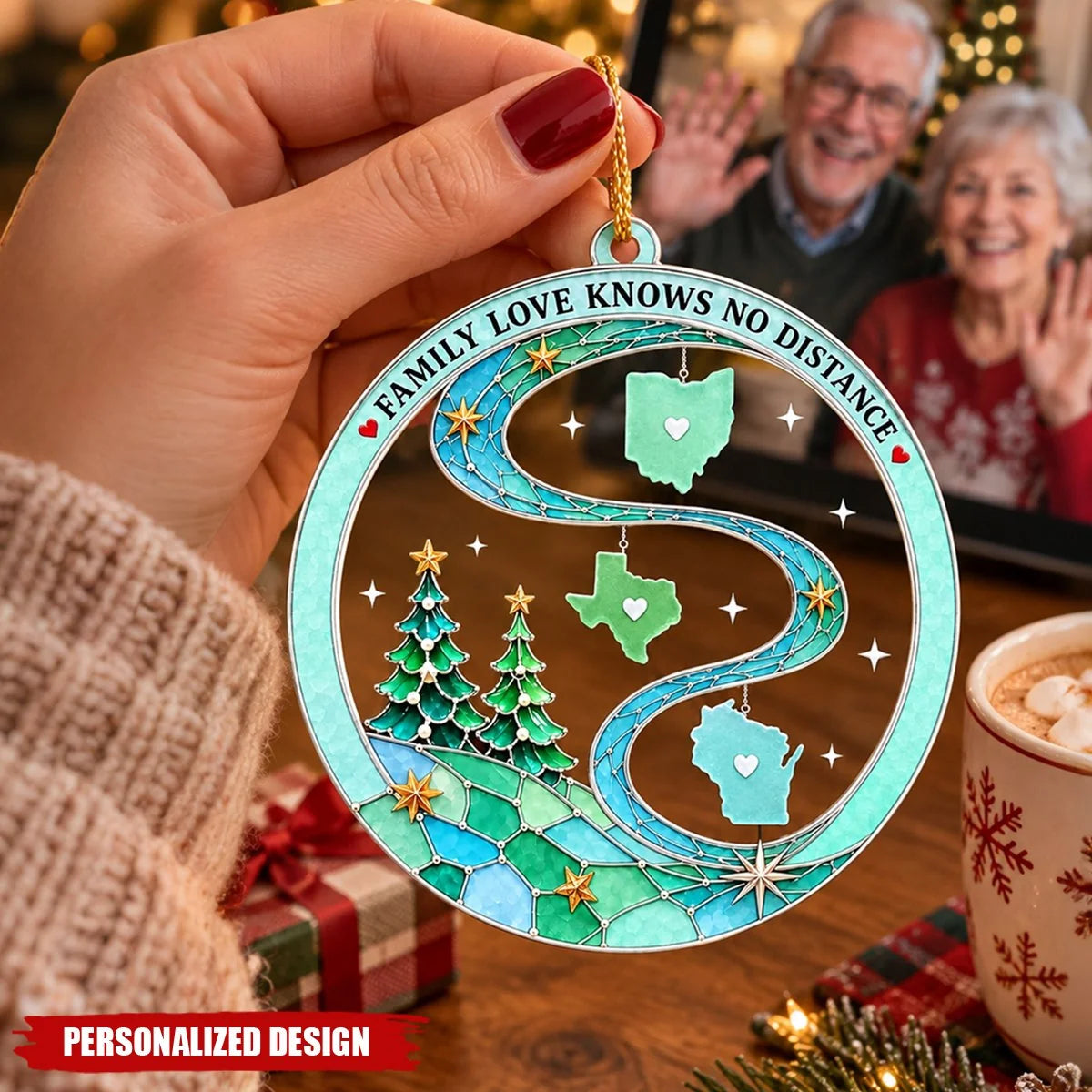 "Family Love Knows No Distance" Personalized Acrylic Ornament - Christmas for Family