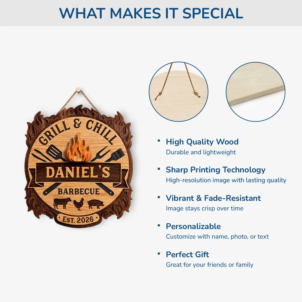 Grill and Chill Barbecue Personalized Wood Sign - Custom Backyard BBQ Decor for Dad Grandpa