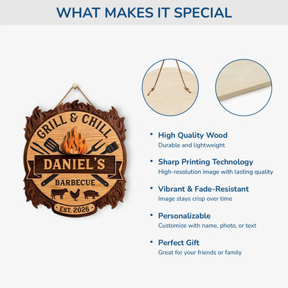 Grill and Chill Barbecue Personalized Wood Sign - Custom Backyard BBQ Decor for Dad Grandpa
