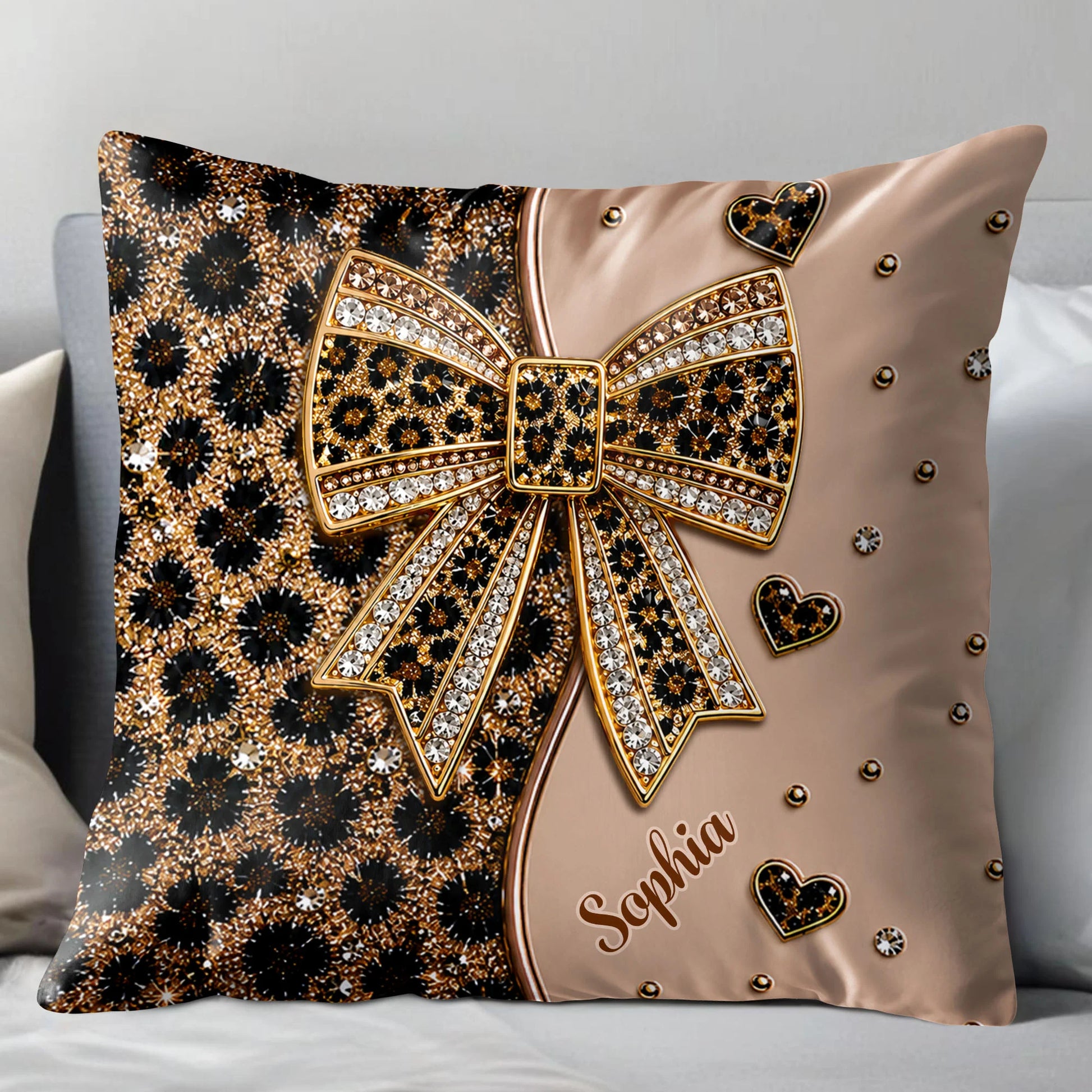 Personalized leopard print pillow featuring a sparkling jeweled bow and custom name, custom gift for her