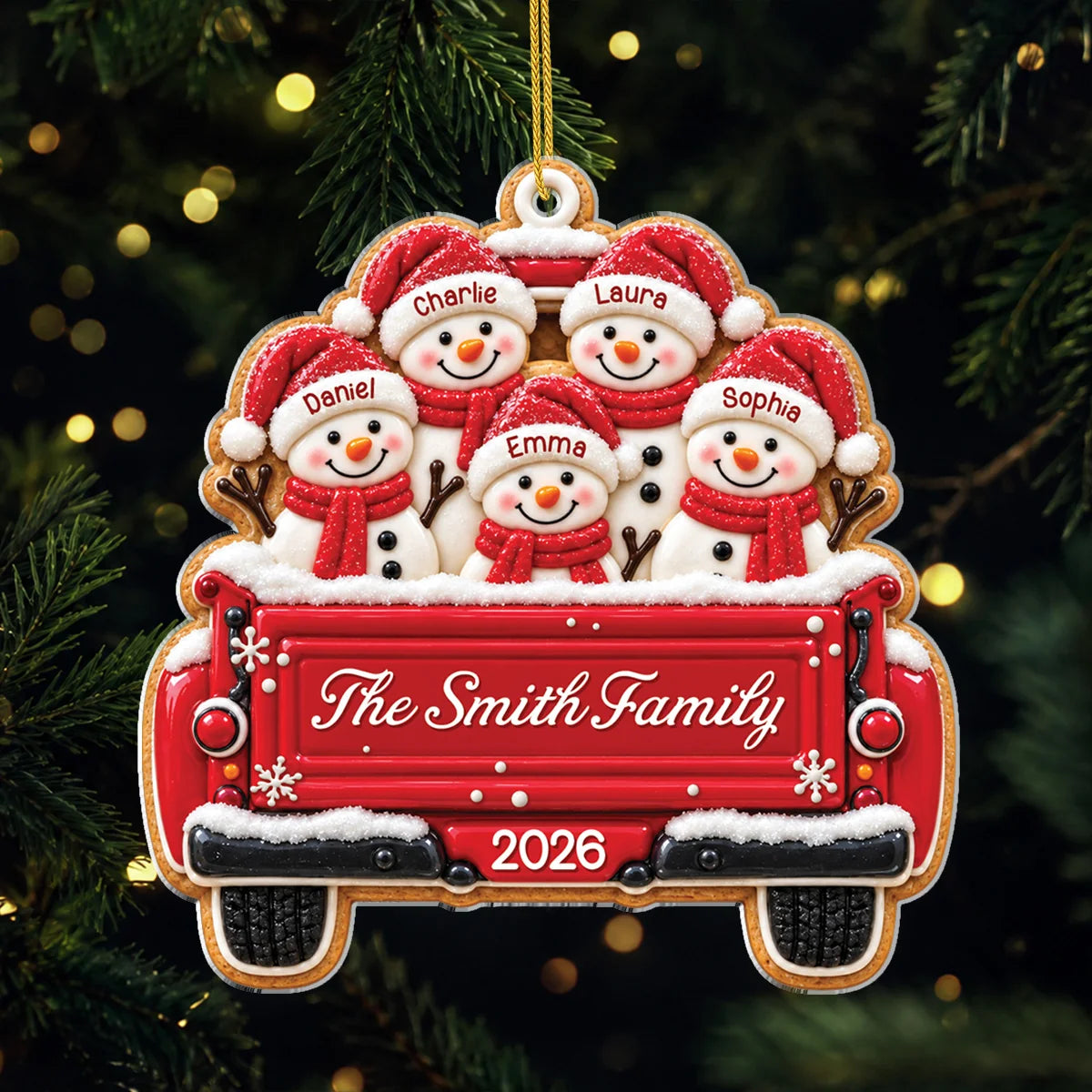 Snowman Family Red Truck Personalized Acrylic Ornament - Christmas Keepsake Gift