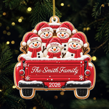 Snowman Family Red Truck Personalized Acrylic Ornament - Christmas Keepsake Gift