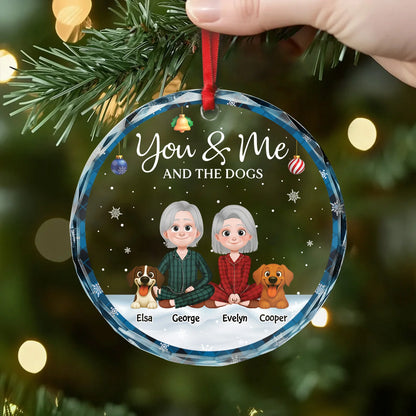 You & Me And The Dog Personalized Glass Ornament - Custom Couple Christmas Gift