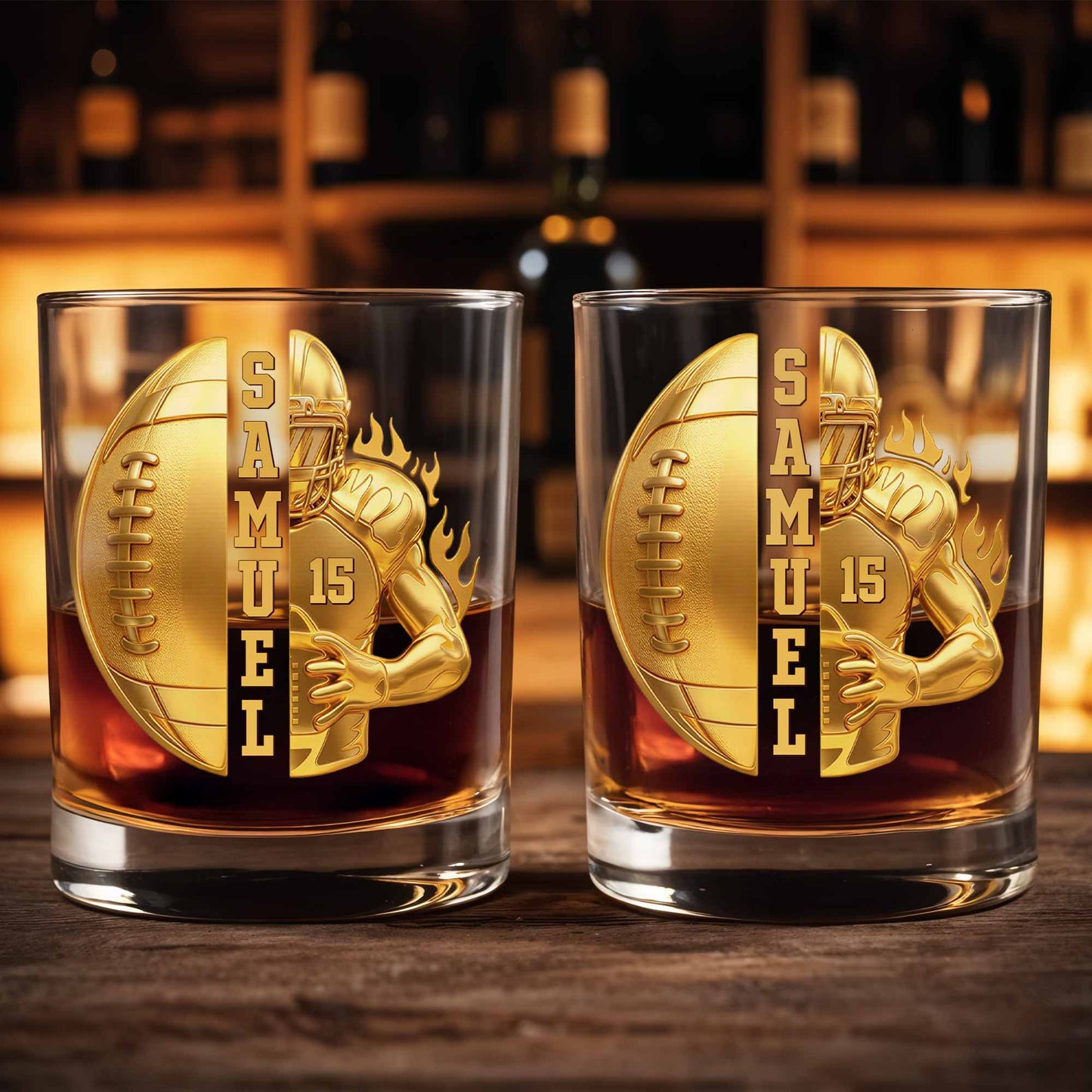 Personalized football whiskey glass with faux 3D golden player design and custom name image 8