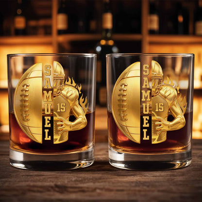 Personalized football whiskey glass with faux 3D golden player design and custom name image 8