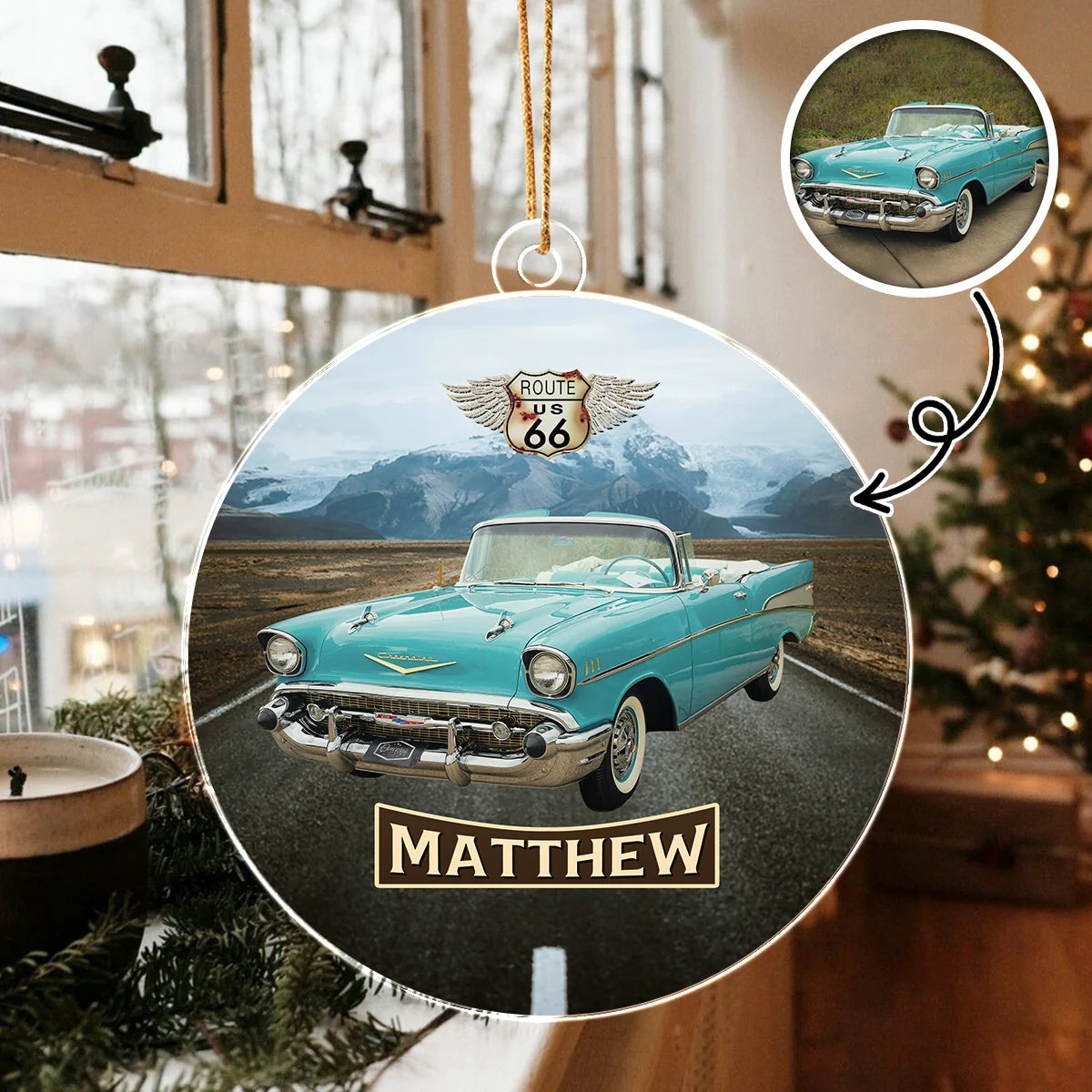 Route 66 Vintage Style - Personalized Car Photo Acrylic Ornament Gift for Car Lovers