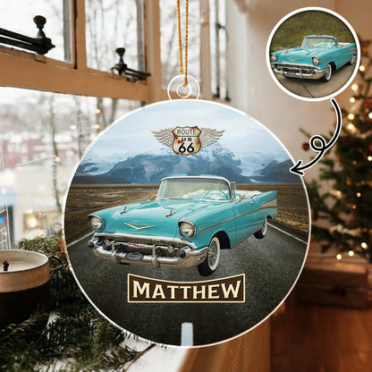 Route 66 Vintage Style - Personalized Car Photo Acrylic Ornament Gift for Car Lovers