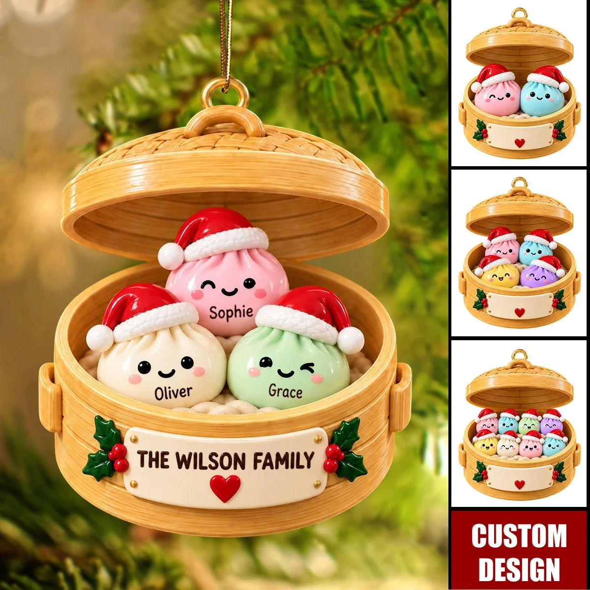 Personalized Dumpling Christmas Ornament - Custom Dim Sum Steamer Keepsake for Family