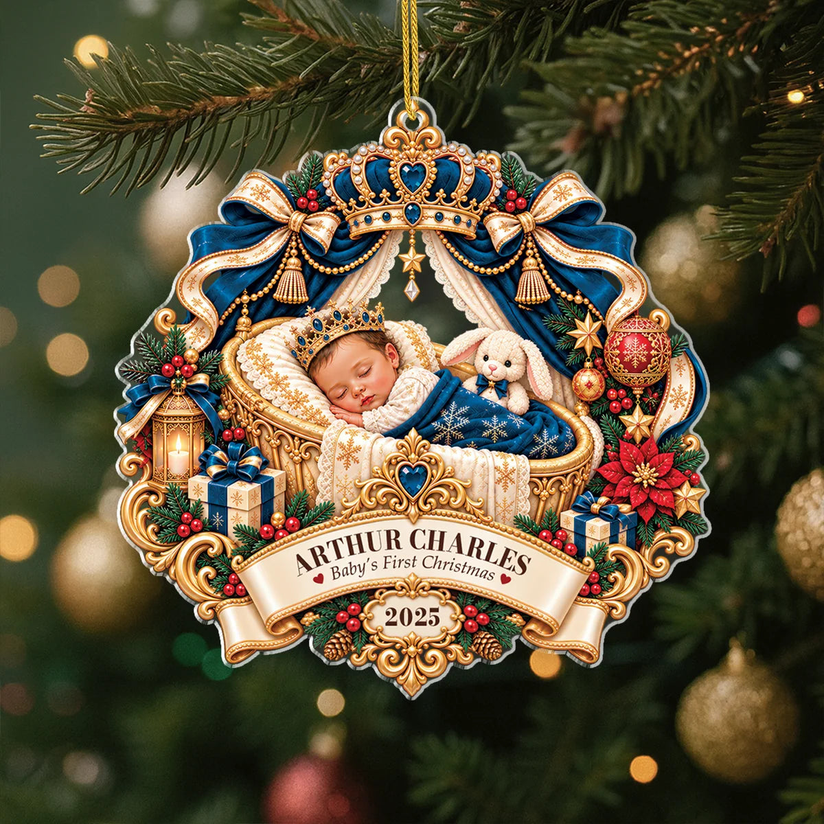 Baby's First Christmas Royal Cradle - Personalized Acrylic Ornament for Newborn Keepsake