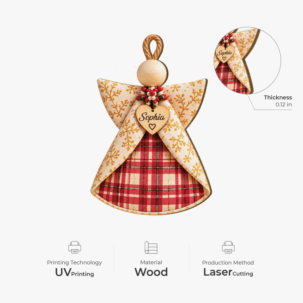 Rustic Plaid Angel Personalized Wooden Ornament - Custom Name Christmas Keepsake for Family