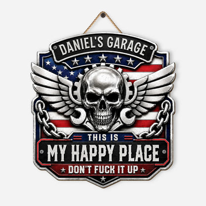 Personalized Garage Wood Sign - Custom This Is My Happy Place Skull Sign Gift for Mechanic