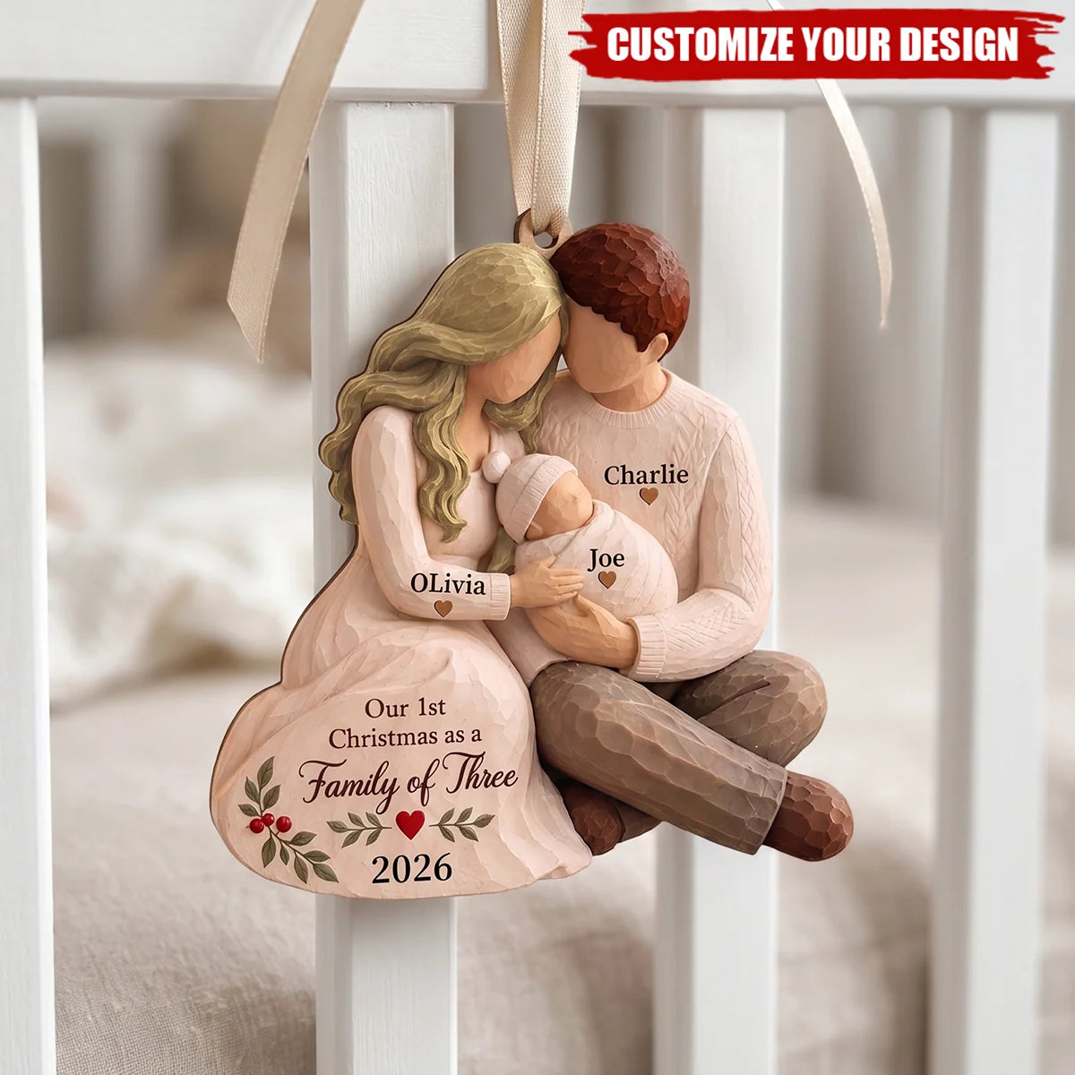 "Our 1st Christmas as a Family of Three" - Personalized Wooden Ornament for New Parents Keepsake Gift